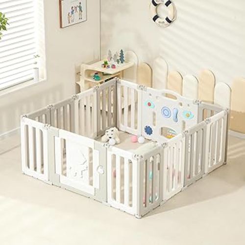 Extra Large Play Pen - 14 Panels Foldable Astronauts Playpen for Babies and Toddlers, Adjustable Yard, Portable Fence, Gate - Grey
