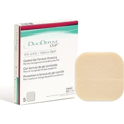 Convatec DuoDERM Control Gel Formula 4"x4" Hydrocolloid Sterile Adhesive Dressing for Partial and Full-Thickness Wounds, Medical Grade, Latex-Free, Waterproof, Square, Beige, 5ct Box