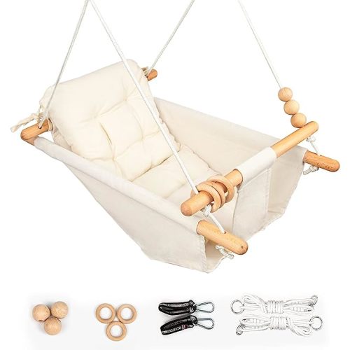 Baby Swing Outdoor Indoor for Infants to Toddlers, Portable Adjustable Tree Design with 5-Point Safety Belt, Porch Garden Backyard Swing Cream