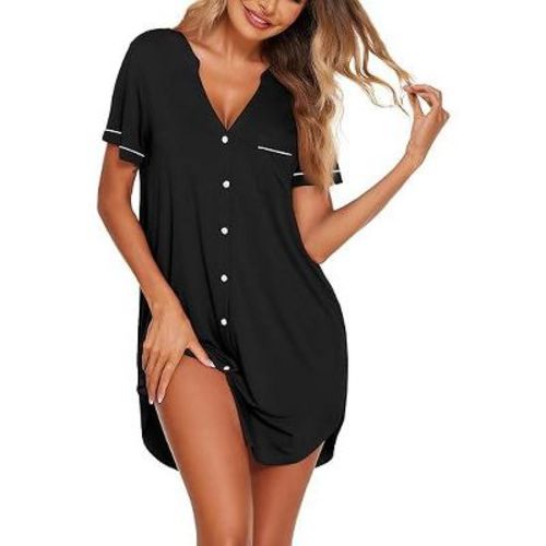 Ekouaer Nightgowns for Women Button Down Night Gowns Short Sleeve Sleep Shirt V Neck Nightshirt Soft Sleepwear Pajams Dress Black L