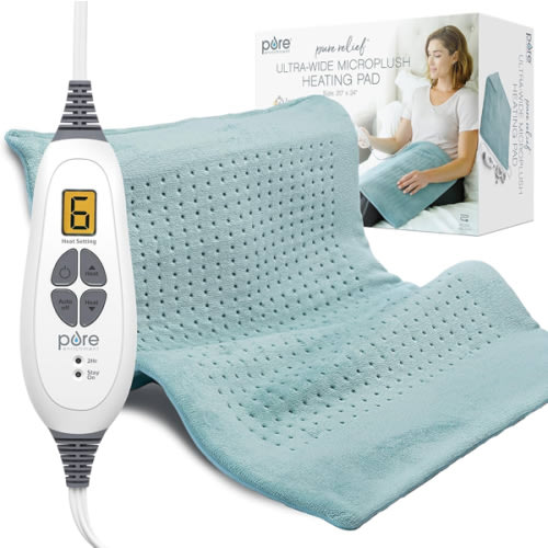 Pure Enrichment PureRelief Ultra-Wide Microplush Heating Pad - 20” x 24” XXL Size & 6 Heat Settings for Temporary Neck, Shoulder & Back Pain Relief - Moist Heat Option & Machine Washable (Seaglass)