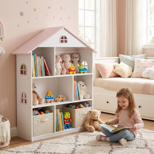 Isabelle & Max™ Wooden Dollhouse Bookshelf for Kids, 3-Tier Storage with Roof & Anti-Tip Kit | Wayfair