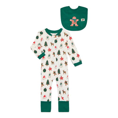 M+A by Monica + Andy Gender Neutral Baby Christmas Organic Cotton One Piece Pajamas and Bib Set, 2-Piece, Sizes 0M-24M