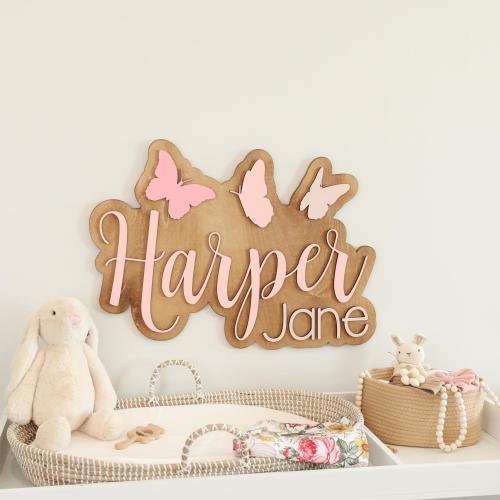 Baby Girl Nursery Name Sign Personalized - 3D Boho Wood Outline Letters, Custom Baby Shower Gift, Wall Art, Butterfly Name Sign