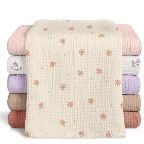 Lot de 6 débarbouillettes en mousseline 100 % coton douces, absorbantes et polyvalentes pour bébé fille et garçon (tulipe et papillon)