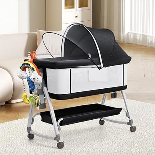 Baby Bassinet Bedside Sleeper, 4-in-1 Baby Bassinet with Wheels, 6-Height Adjustable Crib with Breathable Mesh, Soft Mattress, Soothing Toy for Newborns & Infants