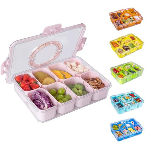 WACOI Divided Snack Serving Tray with Lid and Handle Travel Snackle Charcuterie Container Portable Storage Organizer for Candy, Fruits, Nuts, Snacks, Party, Picnic (1pack, Pink)