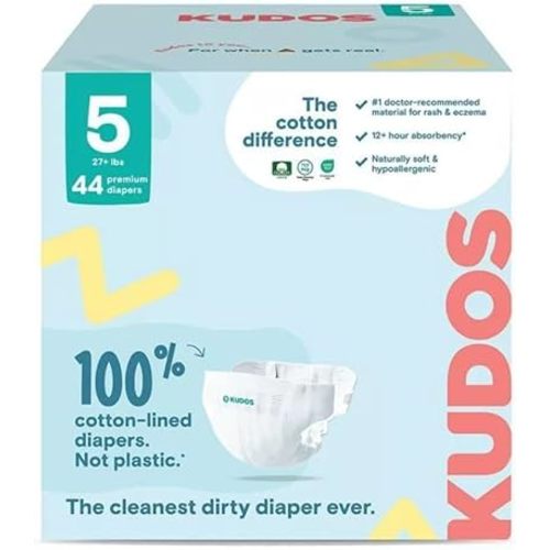 Kudos Chlorine Free Premium Diapers - Cotton-Lined - Size 5, 44 Count, 27+ lbs