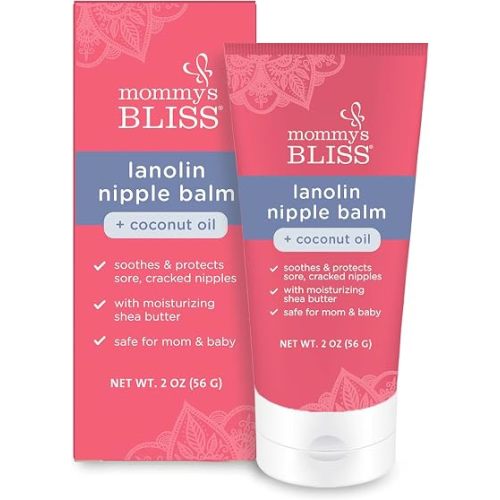 Mommy's Bliss Lanolin Nipple Balm Breastfeeding Cream with Coconut Oil & Shea Butter, Soothing Cream for Sore, Cracked Nipples, Safe for Nursing Babies, Flavorless, 2 Oz