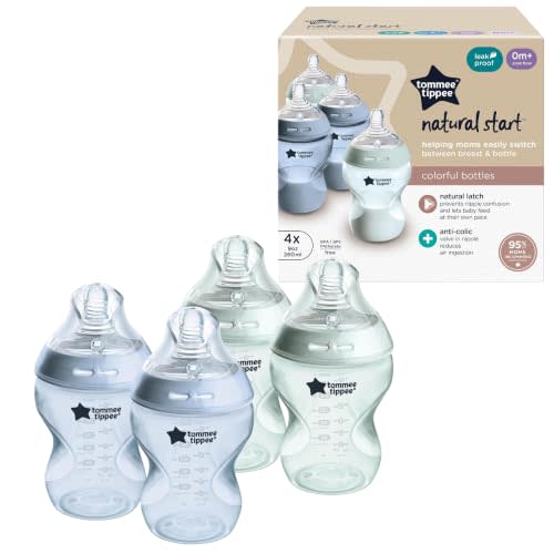 Tommee Tippee Natural Start Anti-Colic 9 oz BPA Free Baby Bottles, 0+ Months, Slow Flow Breast-Like Nipple, Self Sterilizing, Seamless Transition Between Bottle & Breast, Blue & Green, Pack of 4 | Pack of 4, Slow Flow Breast-Like Nipple, Self-Sterilizi...