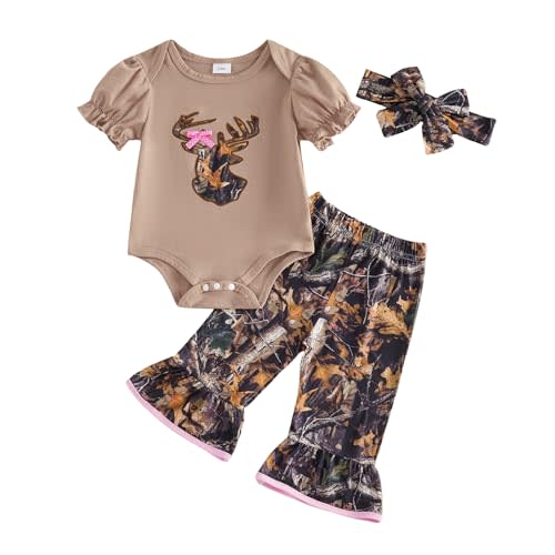 Newborn Baby Girl Hunting Clothes Deer Puff Short Sleeve Romper Jungle Camo Flare Pants Set 3 Piece Summer Outfit