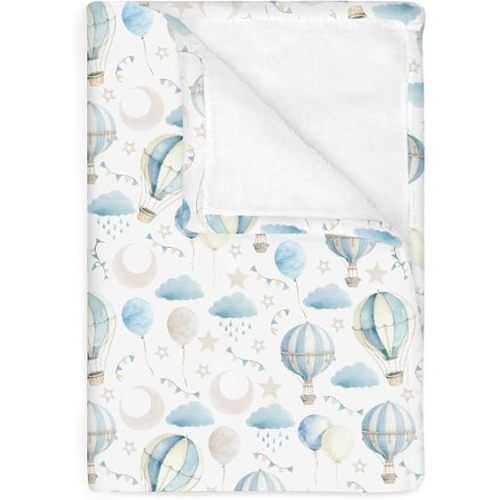 Neutral Blue Hot Air Balloons Baby Blankets for Boy Girl Pastel Balloons Moon Stars Clouds Soft Flannel Swaddle Receiving Blankets for Infant Toddler Crib Boho Sky Nursery Bed Blankets 40x50inch