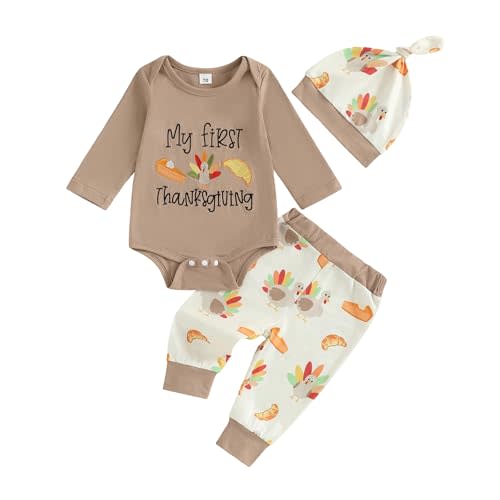 Lamuusaa Newborn Baby Boy Thanksgiving Outfit My First Thanksgiving Romper Turkey Long Pants Hat 3Pcs Clothes Set