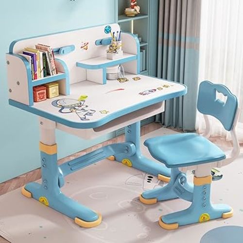 Height Adjustable Kids Desk and Chair Set, Kids Functional Desk and Chair Set, Children Desk, Study Table for Boys Girls School Study Table for Writing Reading Blue