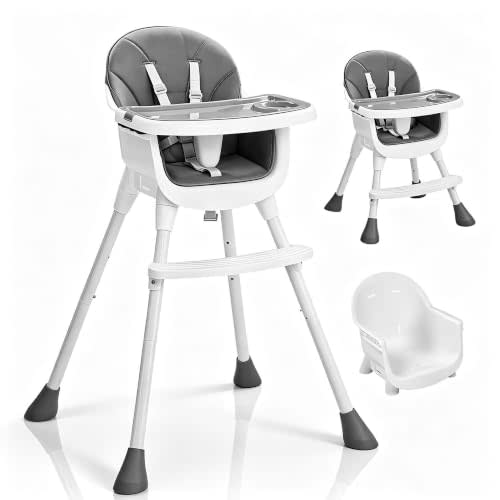 Ktaxon 3-in-1 High Chair for Babies and Toddler with 5-Point Harness, Grey | Portable, Adjustable Height Highchair, Included Removable Dual-Layer Tray, Easy to Clean Seat Cushion and Footrest, for Home