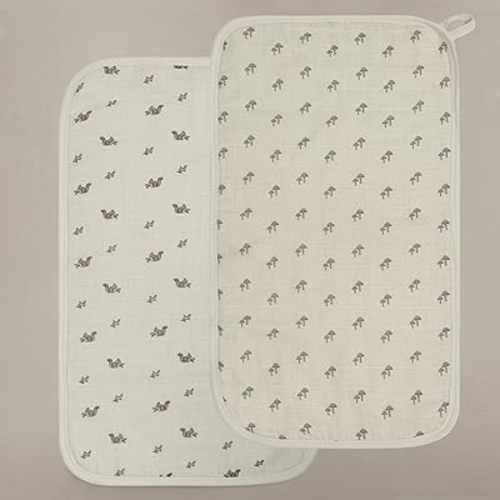 Oilo Burp Cloth 2-Pack Set, Large (12" X 22"), Organic Premium Cotton 4-Way Muslin, Luxuriously Soft, Super Absorbent, & Durable, Machine Washable, Mushroom & Squirrel