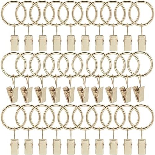 40Pcs Gold Curtain Clip Rings Drape Rod Rings 1.18 Inch Iron Small Circle Round Clips Fits up to 1 Inch Rod Metal Hook Hanger Accessories for Sliding Window Pinch Pleated Drapes Curtains