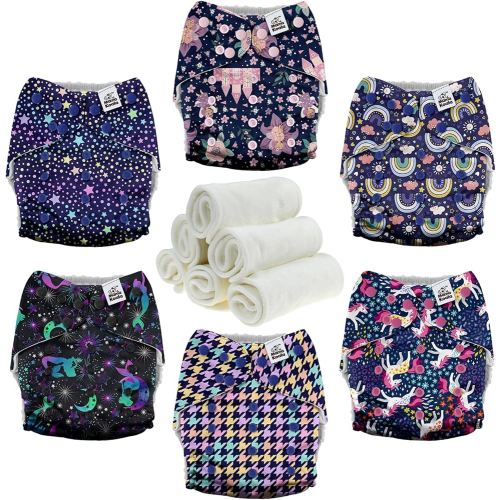 Mama Koala 3.0 Cloth Diapers for Babies with AWJ Lining, 6 Pack with 6 Natural Cloth Diaper Inserts - Reusable and Washable Pocket Diapers (Beautiful Fairy Tale)