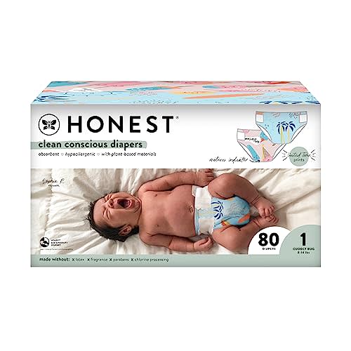 The Honest Company Clean Conscious Diapers | Plant-Based, Sustainable | Summer '23 Limited Edition Prints | Club Box, Size 1 (8-14 lbs), 80 Count
