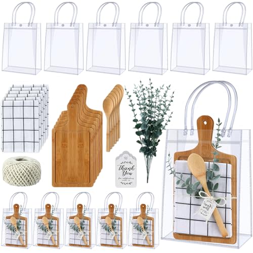 Teenyyou 6 Sets Baby Shower Prizes for Game Player Baby Shower Winners Guest Gifts Bamboo Cheese Board Bamboo Spoon Plaid Towel Artificial Eucalyptus Stems Tag Bag for Wedding Bridal Favors(Rectangle)