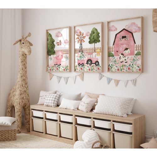 Set of 3 Farm Prints, Pink Tractor Wall Art Set, Pig And Cow Posters, Modern Art, Farm Bedroom Decor, Golf Nursery Decor
