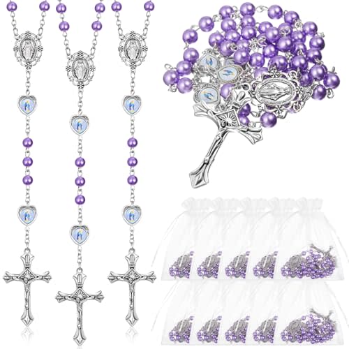 ROCEEI Pearl Rosary Beads Necklace with Crucifix Cross | 6 mm Glass Pearl Beads, Catholic Rosaries in Bulk, Medal Center, Organza Bag, Baptism First Communion Gifts