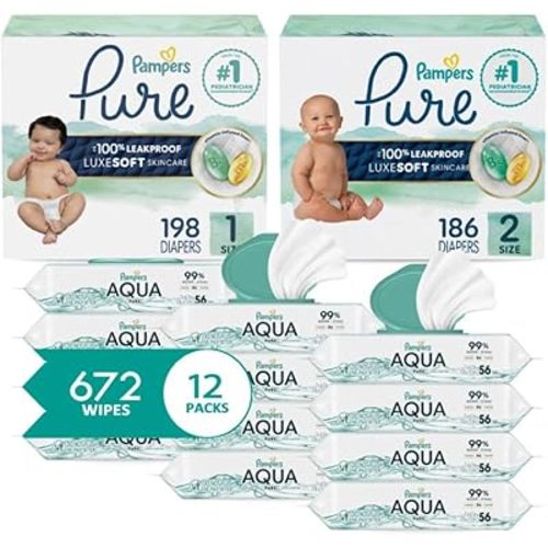 Pampers Pure Protection Disposable Baby Diapers Starter Kit (2 Month Supply), Sizes 1 (198 Count) & 2 (186 Count) with Aqua Pure Sensitive Wipes, 12X Pop-Top Packs (672 Count)