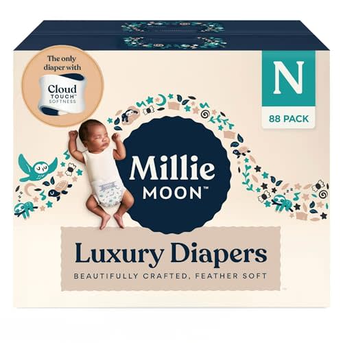 Millie Moon Luxury Diapers – Ultra Soft Cloud Touch Disposable Diapers with 12 Hour Absorbency & Wetness Indicator (N - 88ct)