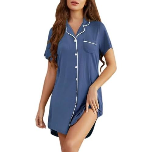 Pjmlifecoco Nightgown for Women Button Down Sleepshirt Short/Long Sleeve Nightdress Soft Modal Sleepwear S-XXL