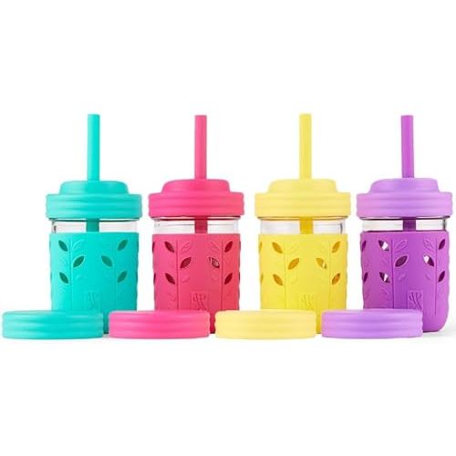 Elk and Friends Kids & Toddler Cups | The Original Glass Mason jars 8 oz with Silicone Sleeves & Silicone Straws with Stoppers | Smoothie Cups | Spill Proof Sippy Cups for Toddlers