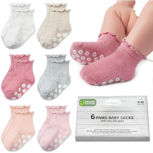 Mother's Choice Organic Cotton Ruffle Baby Socks 6 Pairs Non Slip Socks For 6M To 5Y Toddlers With Soft Fabric For Daily Use