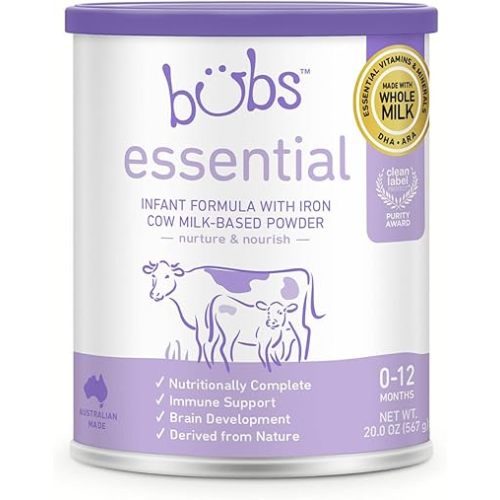 Bubs Essential Infant Formula, with Iron, Cow Milk-Based Powder, for Infants 0-12 Months, Made with Non-GMO Milk, 20 oz