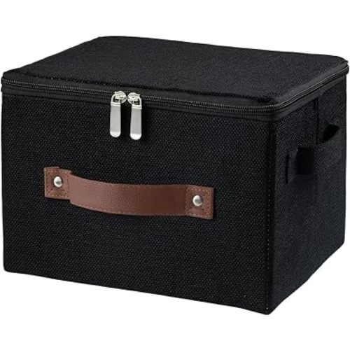 Storage Bins with Zipper Lid Foldable Fabric Lidded Storage Boxes Baskets Cubes Washable Collapsible PU Leather Handle Cotton Linen Fabric Shelf Closet Organizer Container(Black, Small Size)