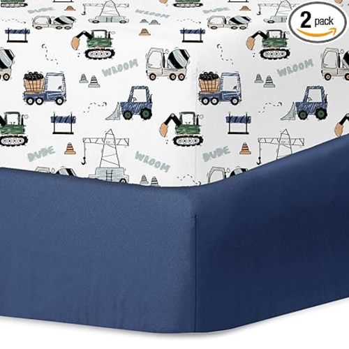 Little Grape Land Crib Sheets for Boys and Girls, 2pk Baby Crib Fitted Sheet for Standard Size Crib and Toddler Mattress, Super Soft Baby Sheet (Navy Trucks)