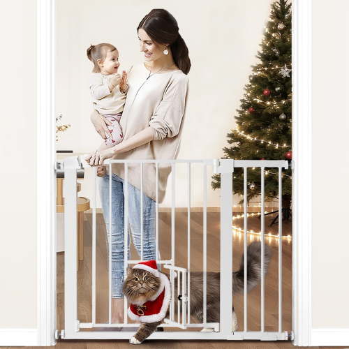 Pet Safety Gate, Caveen 29.5''-40.5''Wide Pet Safety Gate with Cat Door, White