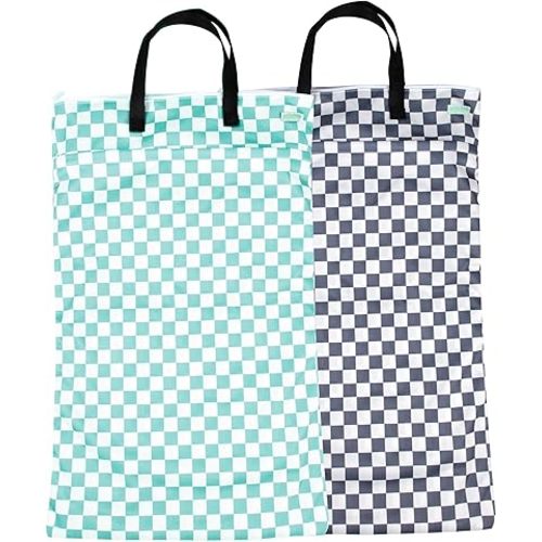 wegreeco Reusable Hanging Wet Dry Cloth Diaper Bag (Checkerboard Grey, Mint Green)