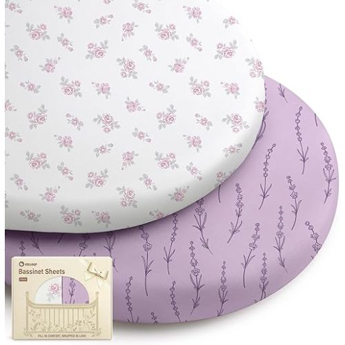 Bassinet Sheets for Baby Boys Girls, 2 Pack Fitted Bassinet Sheet Set, Soft Breathable Bassinet Cover Universal Fit for Oval Rectangle Round Hourglass Mattress
