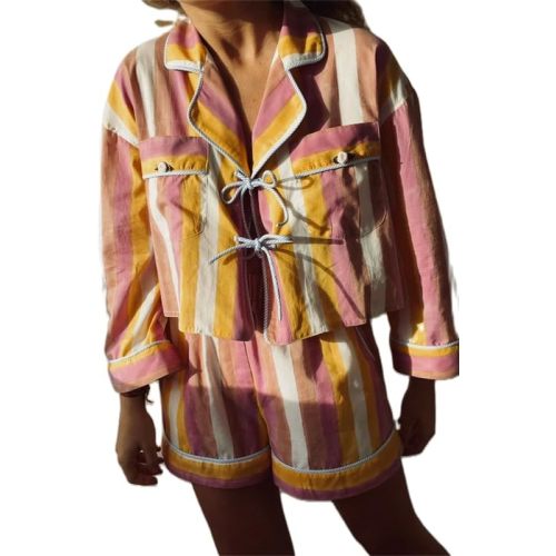 Thopavenoir Women Casual Lounge Set 2 Piece Pj Set 3/4 Sleeve Floral Printing Tie Front Shirt High Wast Baggy Shorts Set