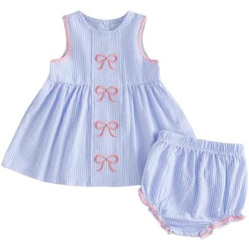 Baby Girl Summer Clothes Infant Outfits Cute Fly Sleeve Plaid Bowknot Dress Top + Bloomers Shorts 2 Pcs Set