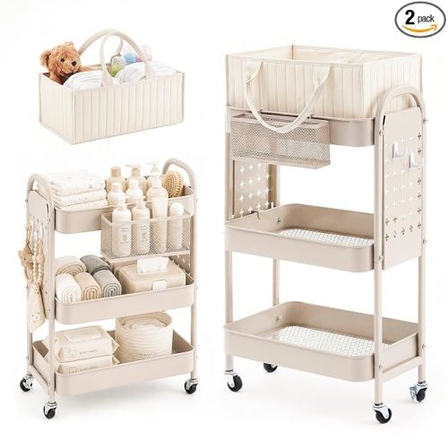 2 In1 Baby Diaper Caddy, 3 Tier Metal Rolling Storage Cart
