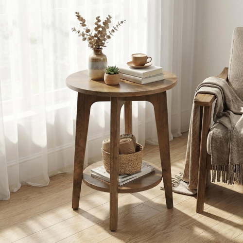LEDREM Compact Two-Tier Round Accent Table, Tapered-Leg Side Table with Curved Accents, Holds 198lb, Quick Assembly, Space-Saving Small Sofa Table