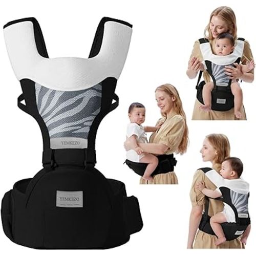 Baby Carrier with Hip Seat, 6-in-1 Baby Carrier Newborn to Toddler for Active Babies, Detachable Hands-Free Infant Carrier for 7-44lbs, All Seasons Toddler Carrier (Black)