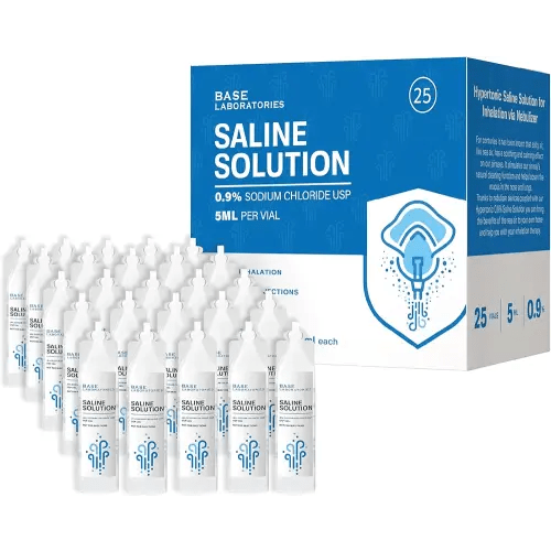BASE LABORATORIES 0.9% Saline Solution for Nebulizer Machine | Saline Solution for Inhalation & Nasal Irrigation | 0.9% Concentration l 25 Vials 5ml Unit Dose
