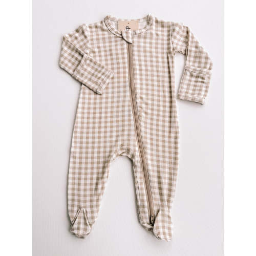 tan gingham bamboo footie