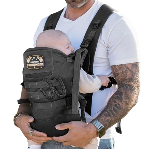 Dad Baby Carrier for Men with Adjustable Hip Snaps - Soft Infant Carrier with Magnetic Sunshade Protector, Newborn Bibs, 2 Carabiners, Removable Waist Strap Holds Babies and Infants Up to 44 Lbs Black
