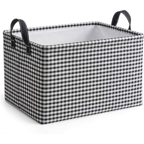 Hushee Blue Gingham Basket Checkered Storage Collapsible Bin with Handles