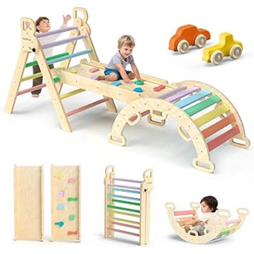 BlueWood Pikler Triangle Set, Toddler Climbing Toys Indoor, 7in1 Foldable Baby Climbing Toys- Rainbow