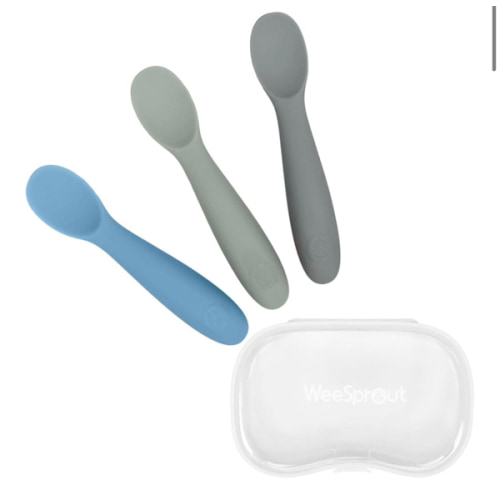 WeeSprout Baby Spoons for Self Feeding 6 Months +, Soft & Durable Silicone Utensils for Sensitive Gums & Teeth, Easy Grip Handles & Shorter Length for Little Hands, 3 Pack + Carrying Case