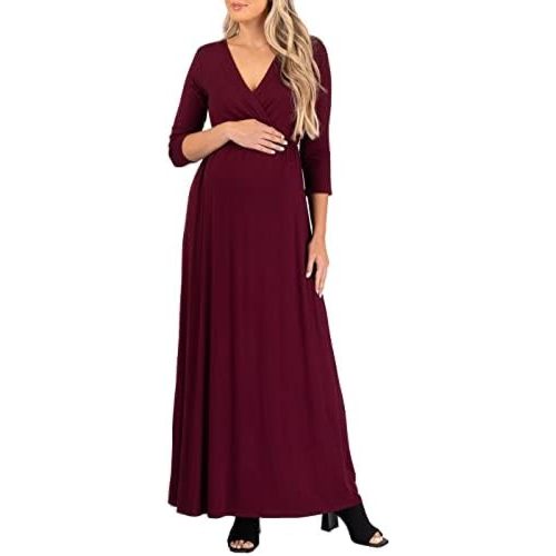 Mother Bee Maternity V-Neck 3/4 Sleeve Ruched Waist Dress