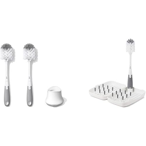 OXO Tot Bottle Brush with Nipple Cleaner and Stand – Gray, 2-Pack & Tot Travel Size Drying Rack with Bottle Brush- Gray